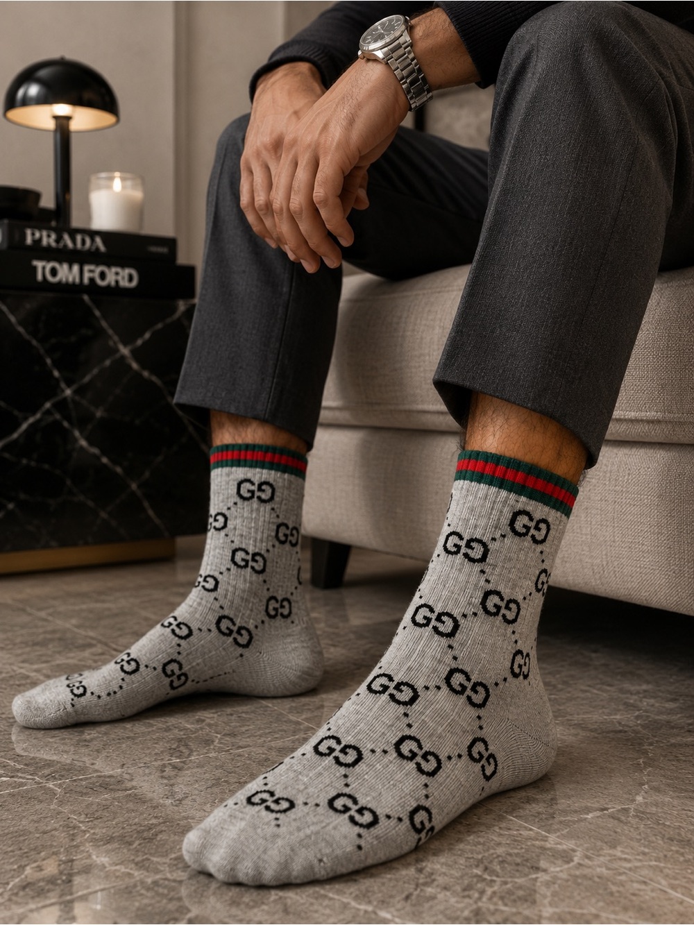 Gucci Gray Crew Socks with Black GG Pattern and Red & Green Trim